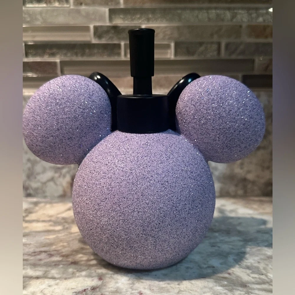 Disney Minnie Mouse Glitter Soap Dispenser Purple Black Bow Bathroom Decor